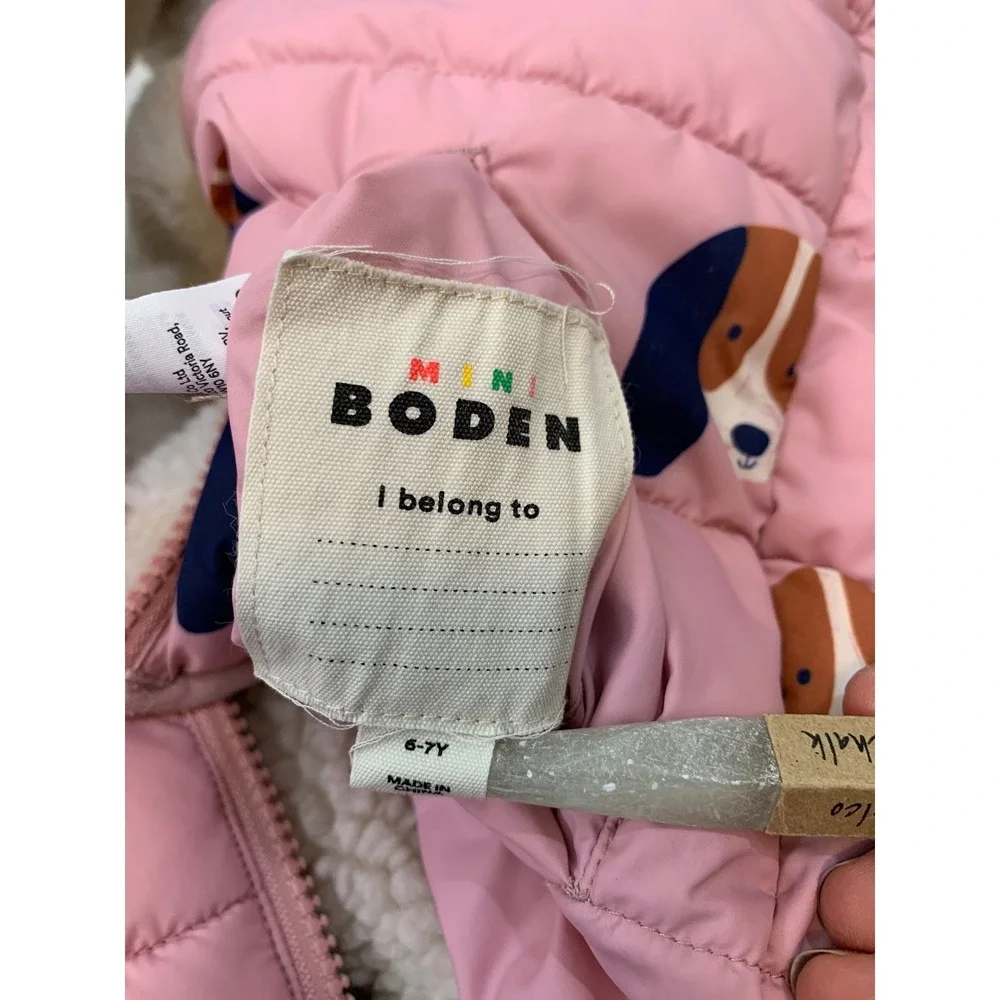 Mini Boden Reversible Puffer Vest Girls 6-7Y Pink Beagle‎ Dog Sherpa Fleece Hood